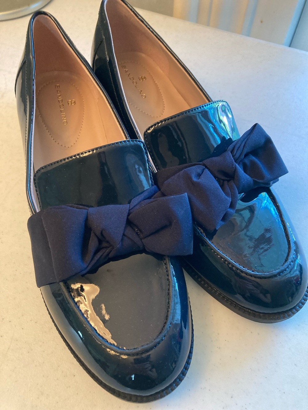 Bandolino Navy Patent Loafers with Bow Accent